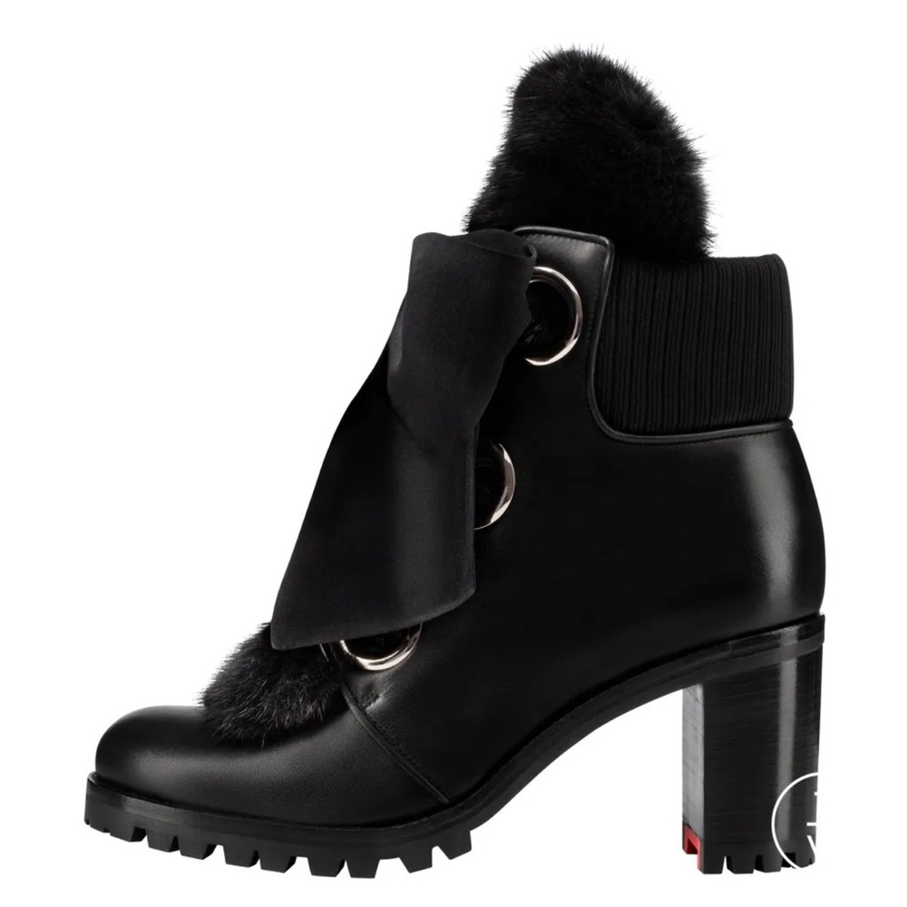 Christian Louboutin Black Fur-Trim Ribbon Lace Block Heel Ankle Boot